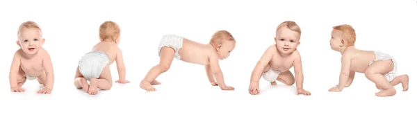 Beyaz Arka Planda Emekleyen Şirin Bebeklerin Fotoğraflarıyla Kolaj Pankart Tasarımı — Stok fotoğraf