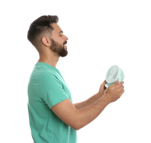 Man Enjoying Air Flow Portable Fan White Background Summer Heat — Stock Photo, Image