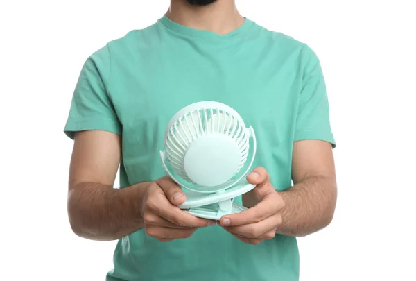 Homem Com Ventilador Portátil Sobre Fundo Branco Close Calor Verão — Fotografia de Stock