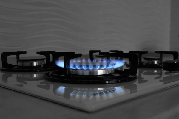 Modern Gas Cooktop Burning Blue Flame Kitchen — Stock Photo, Image