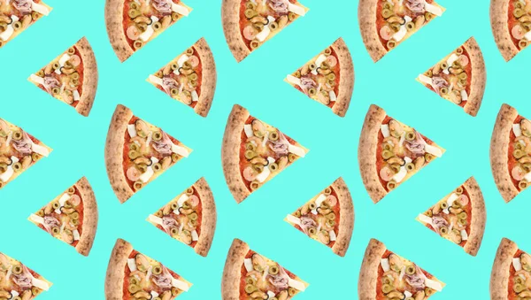 Fatias Pizza Frutos Mar Fundo Azul Claro Desenho Padrão — Fotografia de Stock