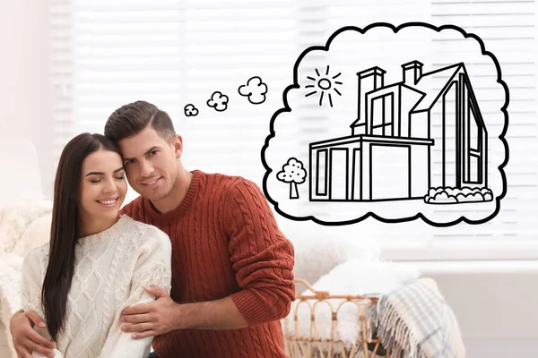 Härligt Par Som Drömmer Ett Nytt Hus Illustration Tankebubbla — Stockfoto
