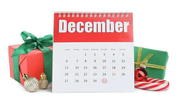 Flip Ημερολόγιο Δώρα Μπάλες Χριστουγέννων Και Ζαχαροκάλαμο Καραμέλα Λευκό Φόντο — Φωτογραφία Αρχείου