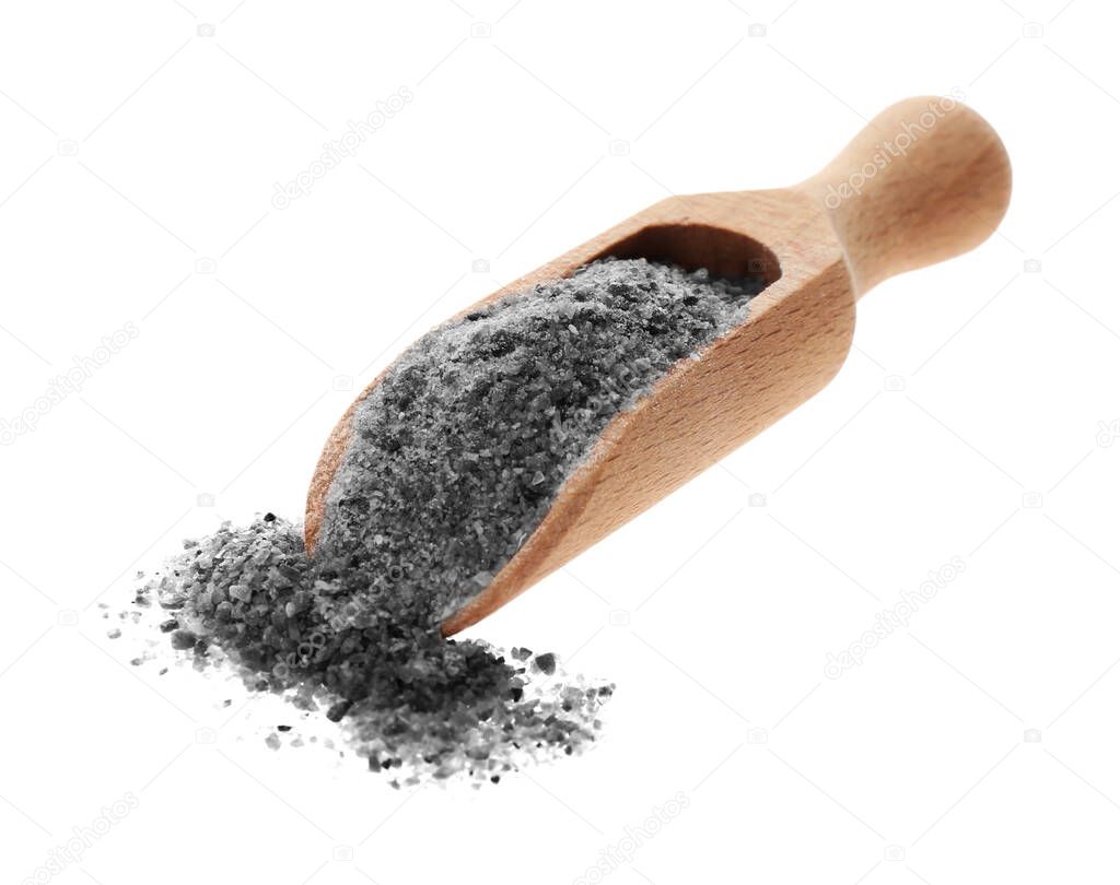 Scoop with ground black salt on white background