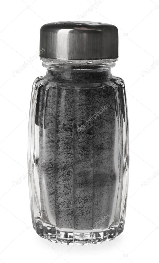 Ground black salt in shaker isolated on white