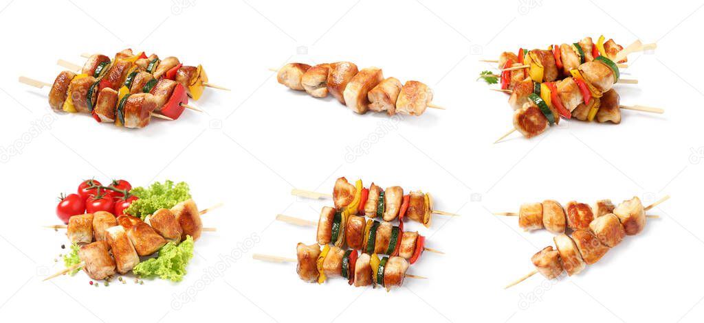 Set of delicious chicken shish kebabs on white background. Banner design 