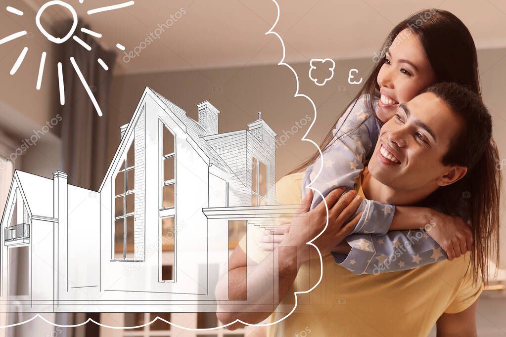 Lovely interracial couple dreaming about new house. Illustration in thought bubble