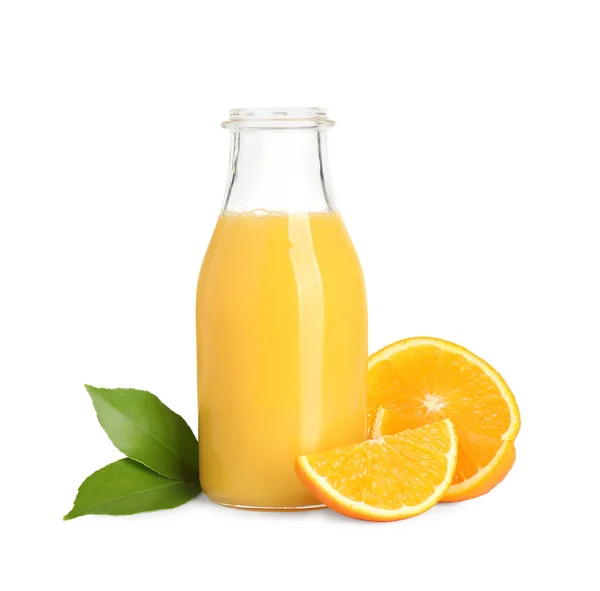 Tasty Orange Juice Glass Bottle Fresh Fruit Green Leaves Isolated — Stock Photo, Image