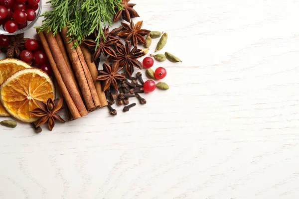 Flat Lay Composition Mulled Wine Ingredients White Table Space Text — Stock Photo, Image