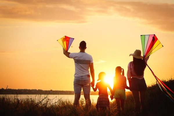 Ouders Hun Kinderen Spelen Buiten Met Vliegers Bij Zonsondergang Achteraanzicht — Stockfoto