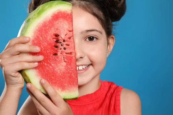 Cute Little Girl Watermelon Blue Background Closeup — Stock Photo, Image