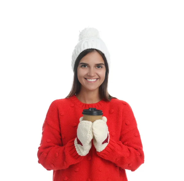 Mujer Hermosa Feliz Con Taza Papel Vino Caliente Sobre Fondo — Foto de Stock