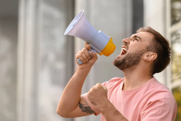 Emotional Young Man Megaphone Outdoors Protest Leader — Stock Photo, Image