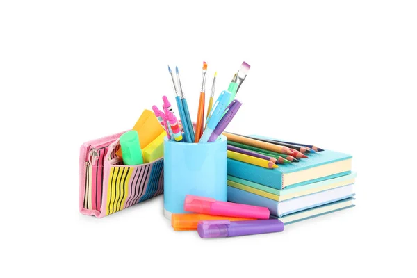 Set Cancelleria Colorata Scuola Sfondo Bianco — Foto Stock