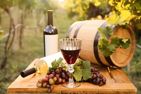 Composizione Con Vino Uva Matura Tavola Legno Vigna — Foto Stock