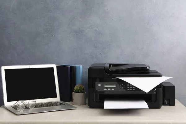 New Modern Printer Laptop Grey Table Workplace — Stock Photo, Image