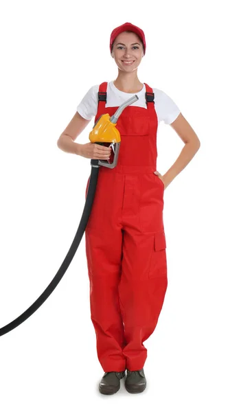 Gas station worker with fuel nozzle on white background