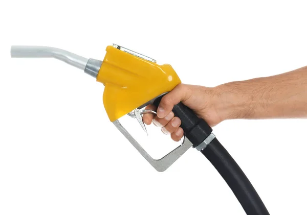 Funcionário Posto Gasolina Com Bocal Combustível Sobre Fundo Branco Close — Fotografia de Stock