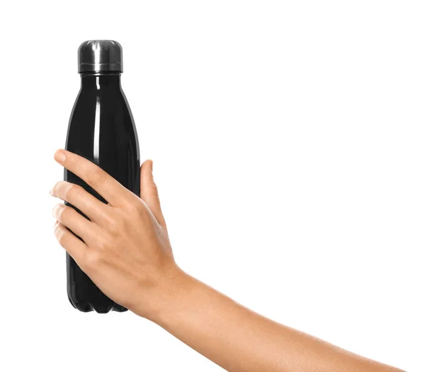 Женщина Держит Черный Термос Бутылку Белом Фоне Крупным Планом — стоковое фото