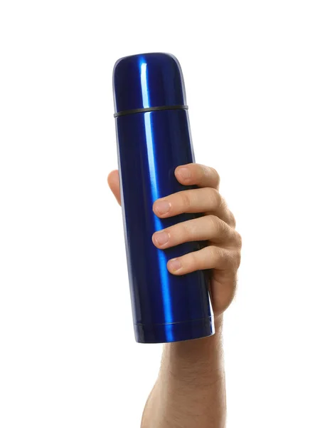 Man Holding Blue Thermos White Background Closeup — Stock Photo, Image