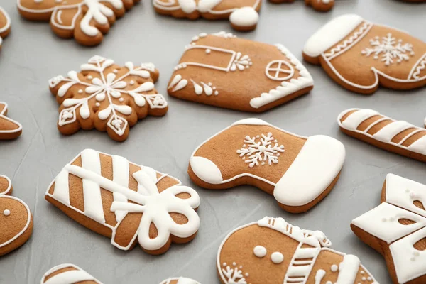 Different Christmas Gingerbread Cookies Grey Background Closeup — Stock Photo, Image