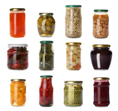 Set of jars with jams and pickled foods on white background clipart