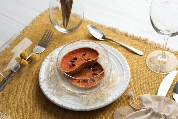 Autumn Table Setting Dried Pumpkin Slices White Background — Stock Photo, Image