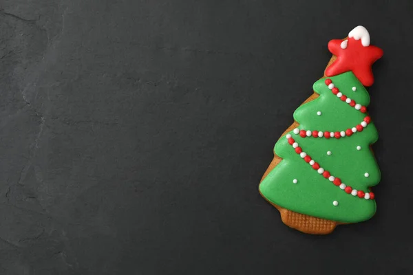 Christmas Tree Shaped Cookie Black Table Top View Space Text — Stock Photo, Image