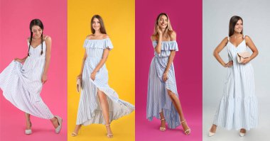 Parlak arka planda farklı elbiseler giyen genç kadınların fotoğraflarıyla kolaj.