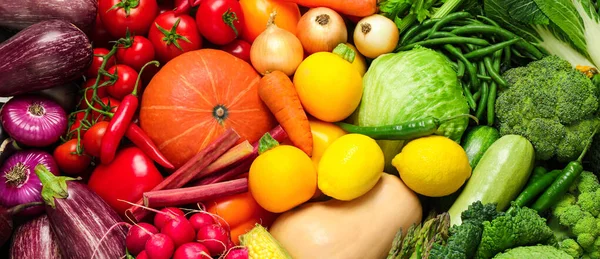 Muchas Verduras Frescas Diferentes Como Fondo Vista Superior Diseño Banner — Foto de Stock