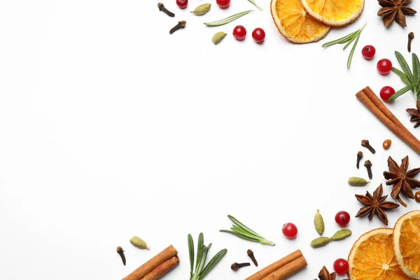 Different Mulled Wine Ingredients White Background Flat Lay Space Text — Stock Photo, Image