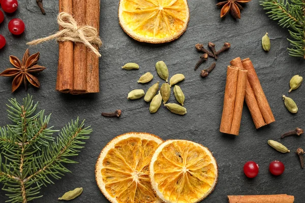 Flat Lay Composition Mulled Wine Ingredients Fir Branches Black Slate — Stock Photo, Image