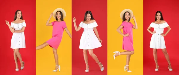 Collage Con Fotos Mujer Joven Con Diferentes Vestidos Fondos Brillantes —  Fotos de Stock