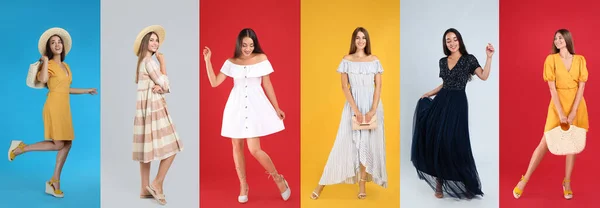 Collage Photos Young Women Wearing Different Dresses Bright Backgrounds — Stock Photo, Image