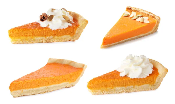 Set of tasty pumpkin pie slices on white background