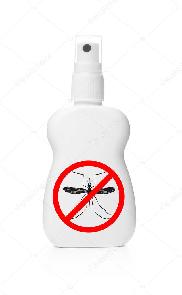 Bottle of insect repellent on white background