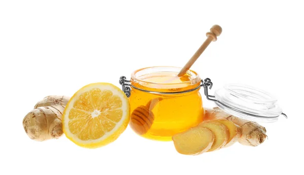 Ingefära Honung Och Citron Vit Bakgrund Naturliga Kylmedel — Stockfoto