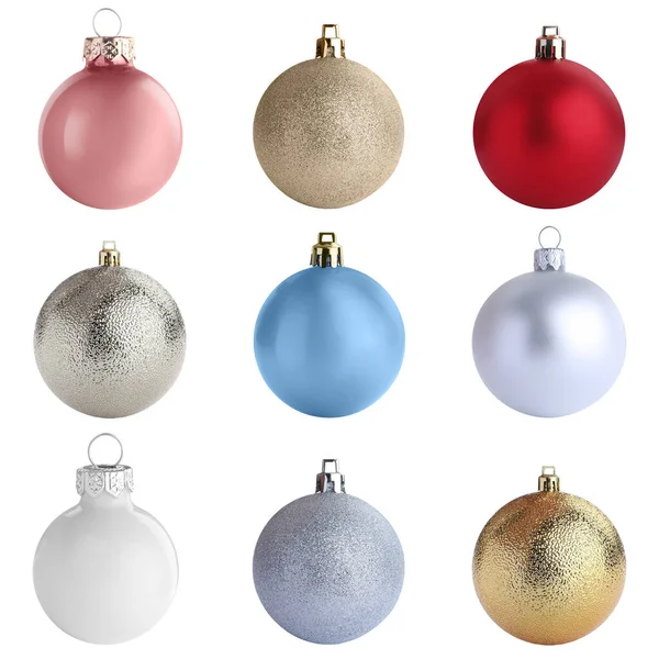 Conjunto Diferentes Bolas Natal Fundo Branco — Fotografia de Stock