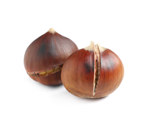 Вкусные сладкие жареные съедобные каштаны изолированы на белом