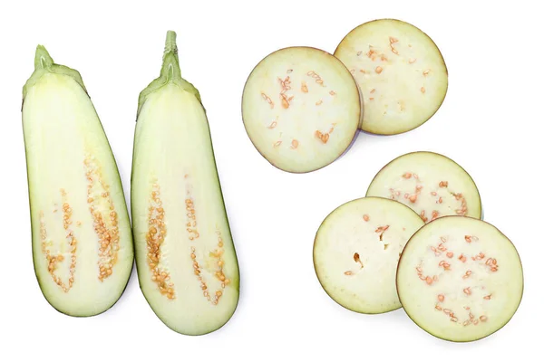 Set Van Gesneden Aubergines Witte Achtergrond Bovenaanzicht — Stockfoto