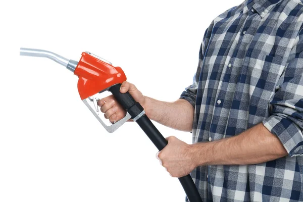Homem Com Bico Combustível Sobre Fundo Branco Close Posto Gasolina — Fotografia de Stock