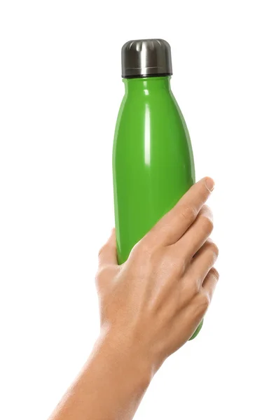 Woman Holding Green Thermos Bottle White Background Closeup — Stock Photo, Image