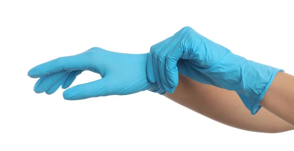 Médico Con Guantes Médicos Sobre Fondo Blanco Primer Plano — Foto de Stock