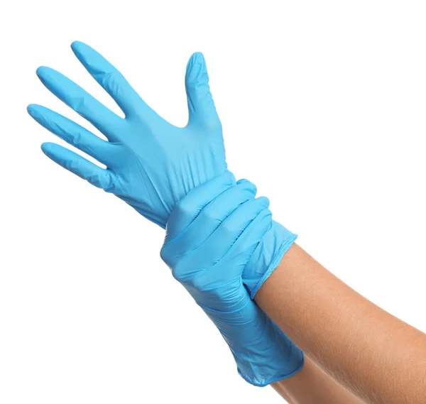 Dokter Met Medische Handschoenen Witte Achtergrond Close — Stockfoto