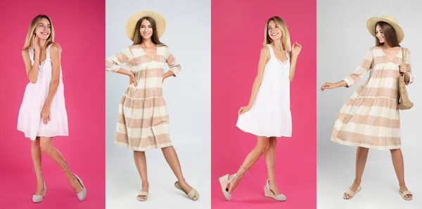 Collage Con Fotos Mujeres Jóvenes Con Diferentes Vestidos Fondos Brillantes —  Fotos de Stock