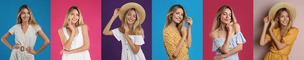 Collage Con Fotos Mujer Joven Con Diferentes Vestidos Fondos Brillantes —  Fotos de Stock