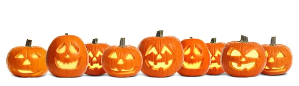Set Carved Halloween Pumpkins White Background Banner Design — Stock Photo, Image