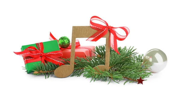 Holzmusiknote Mit Tannenzweigen Und Weihnachtsdekor Auf Weißem Hintergrund — Stockfoto