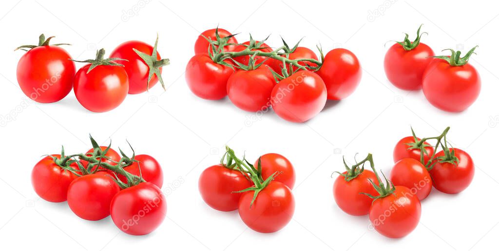 Set of ripe red tomatoes on white background. Banner design 
