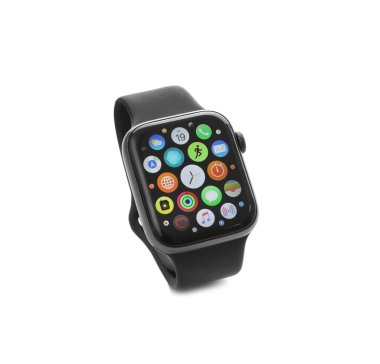 MYKOLAIV, UKRAINE - 19 Eylül 2019: Beyaz ekranlı Apple Watch